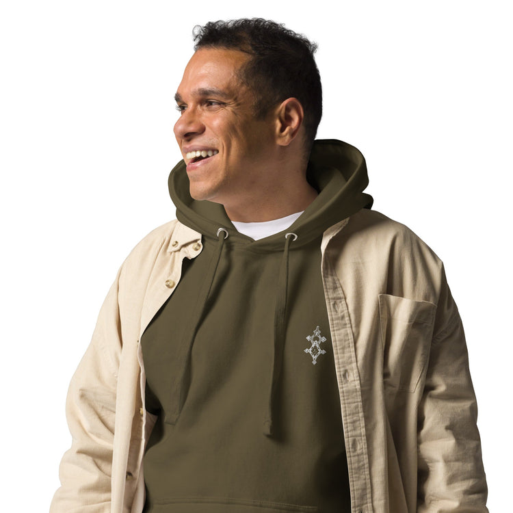 Men wearing olive green hoodie with front pouch pocket and adjustable hood smiling