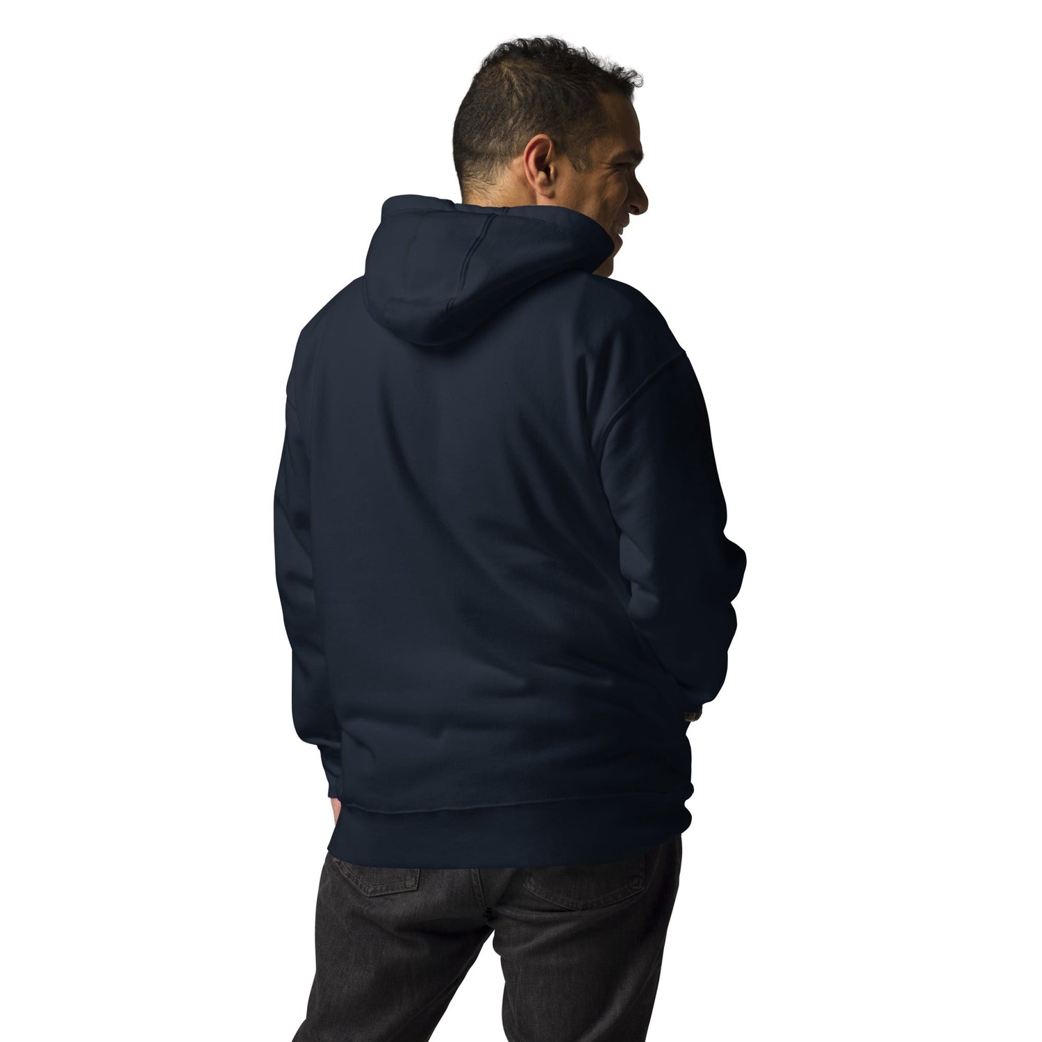 Back view of man wearing navy blue men hoodie with hood up and front pouch pockets in casual streetwear style