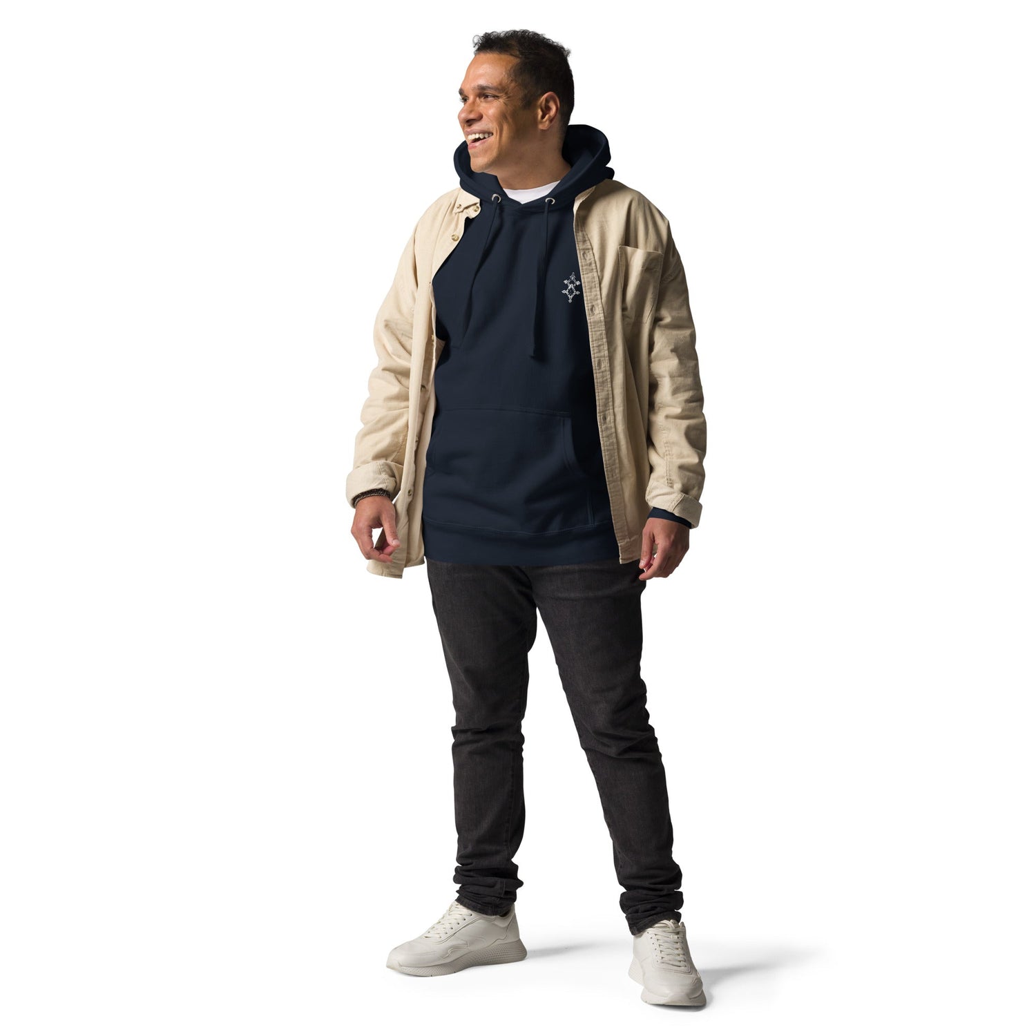 Men wearing navy blue men hoodie with pouch pocket and beige jacket standing isolated on white background