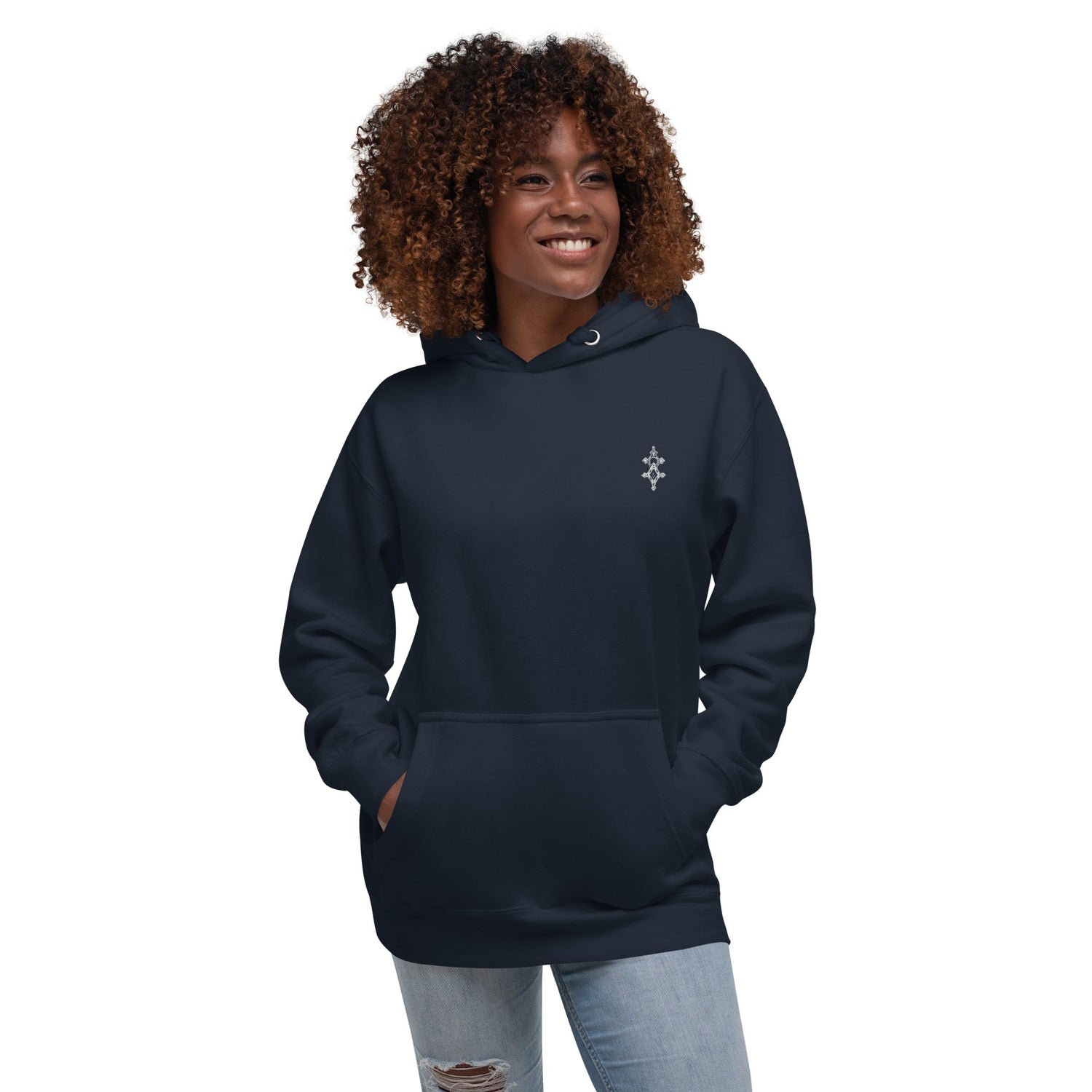Woman wearing navy blue cotton blend hoodie with front pouch pocket and hood