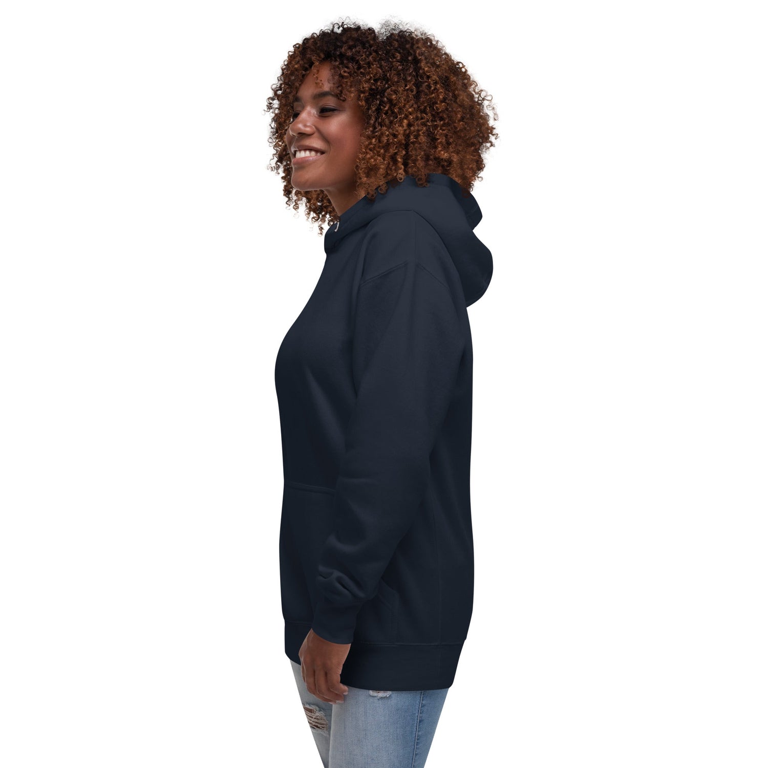 Side view of woman wearing navy blue women hoodie with front pouch pocket and hood