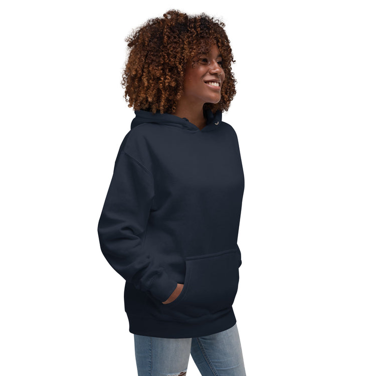Women hoodie in navy blue with front pouch pocket and warm hood worn by smiling woman
