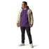 Men wearing purple cotton hoodie with pouch pocket and beige jacket, black pants, and white sneakers