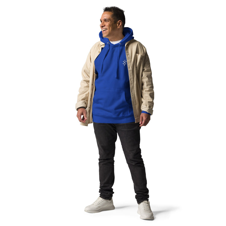Man wearing blue men hoodie with front pouch pocket and matching drawstrings under beige jacket