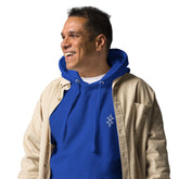 Smiling man wearing blue men hoodie with front pocket and beige open shirt