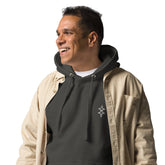 smiling man wearing black men hoodie with front pouch pocket and drawstrings layered under beige shirt