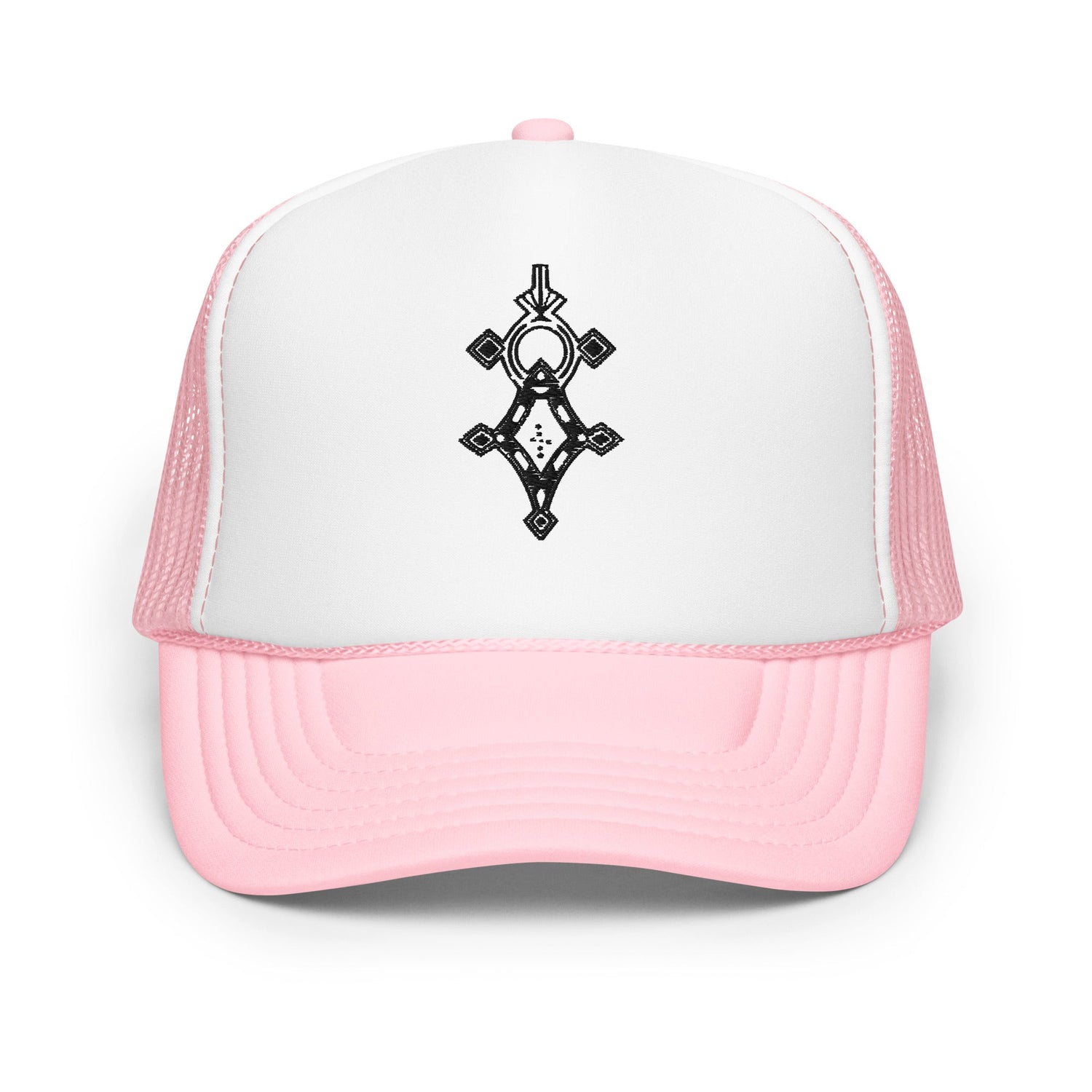 Pink and white foam trucker hat with black geometric design and mesh back