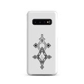 Slim white snap case for Samsung with black geometric design, polycarbonate material, and wireless charging compatible.