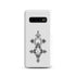 Slim white snap case for Samsung with black geometric design, polycarbonate material, and wireless charging compatible.