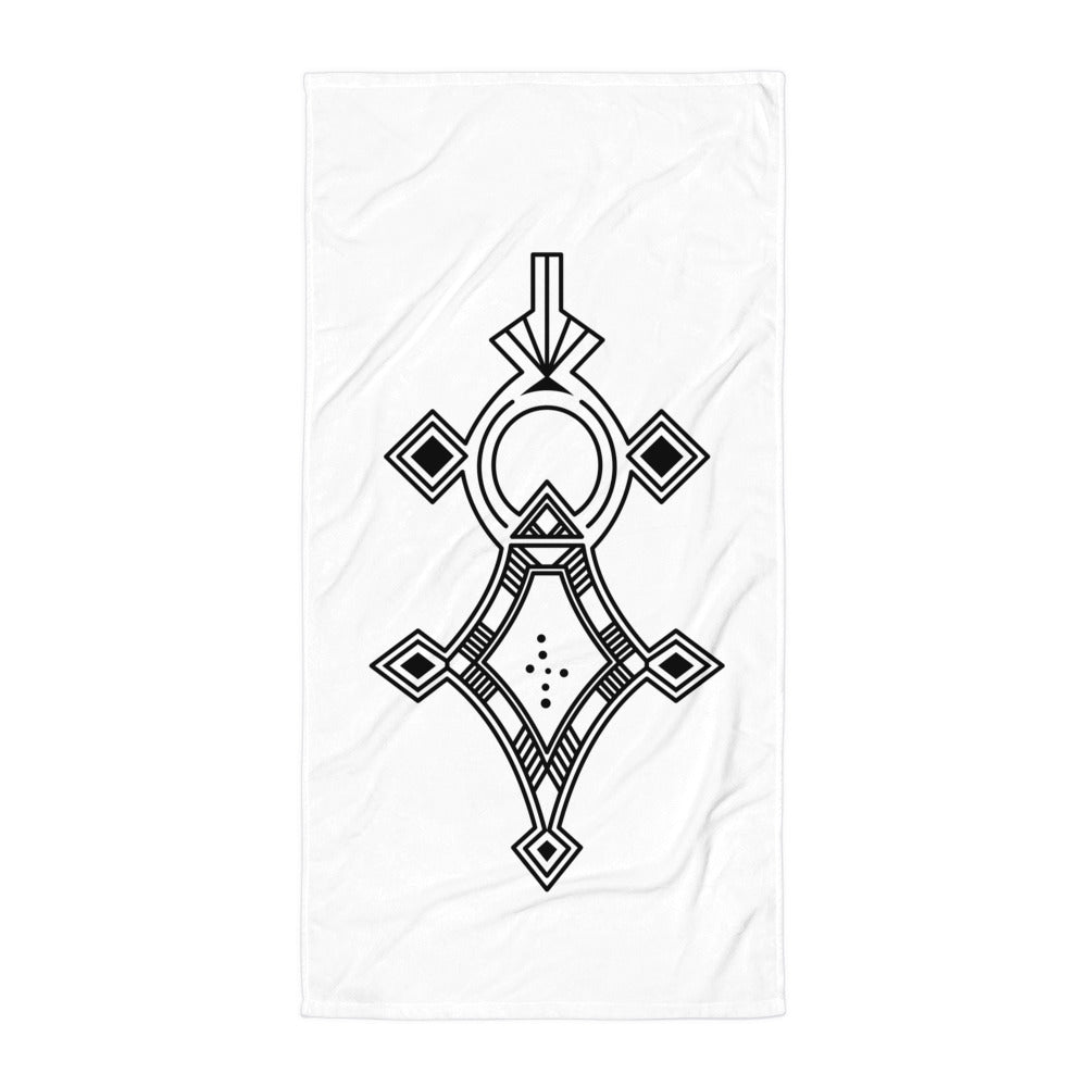 White sublimation towel with black geometric design, soft cotton-polyester fabric, 30x60 inches size.