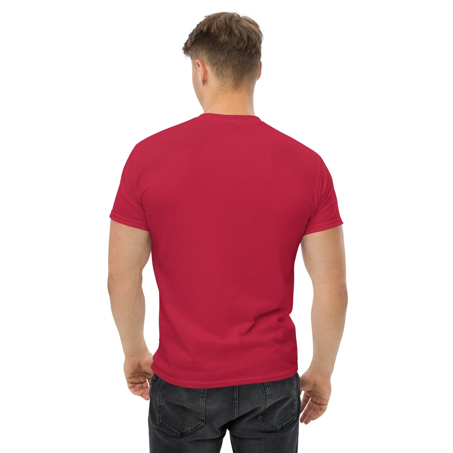Men wearing red classic tee from back view, cotton blend fabric, casual fit