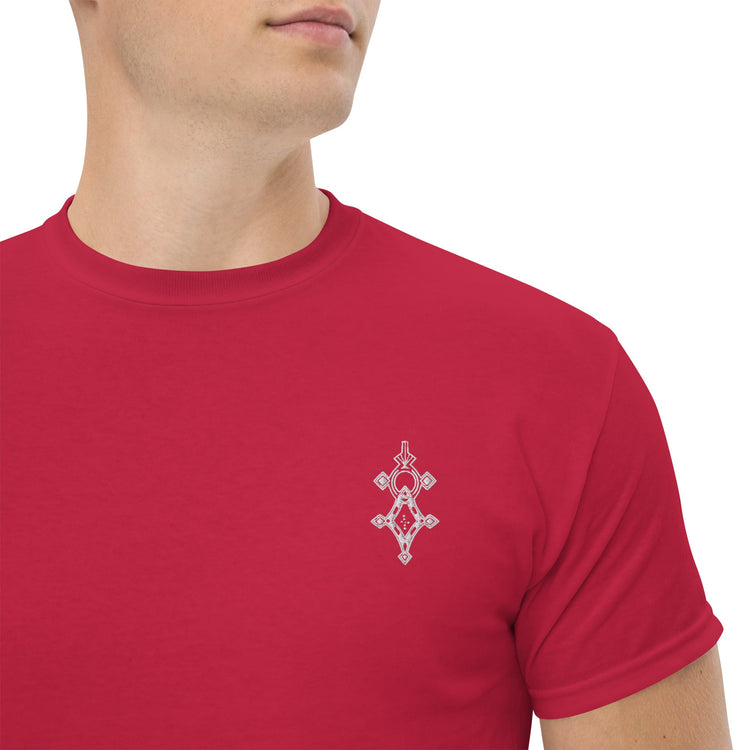 red men classic tee with small geometric chest design, 100% cotton unisex shirt with structured fit and sharp edges