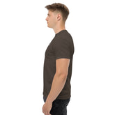 side view of man wearing dark brown classic tee shirt