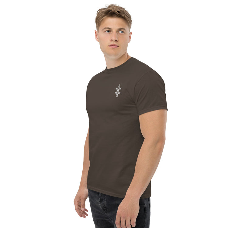 men wearing brown classic tee with short sleeves and small chest graphic