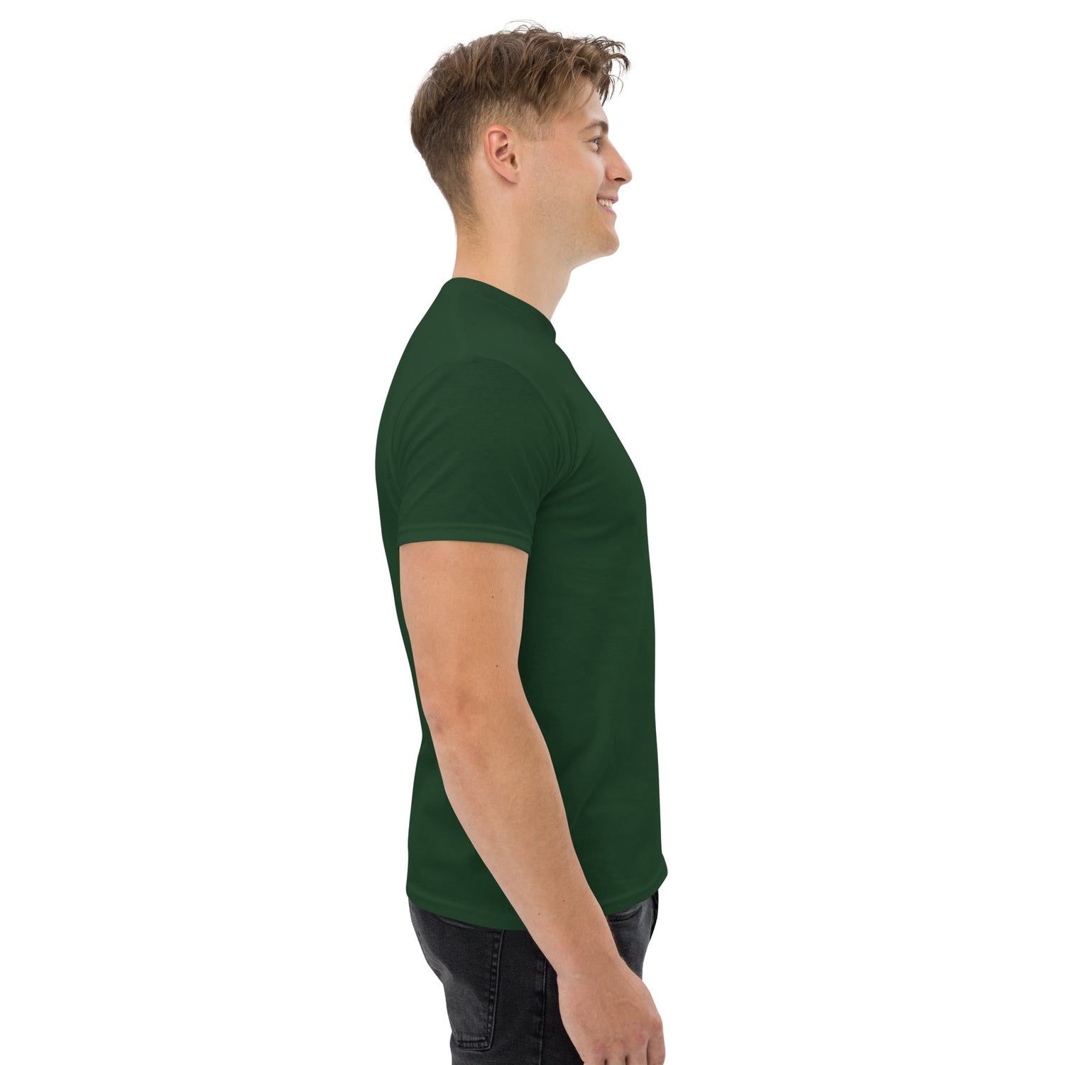 side view of man wearing dark green men classic tee with short sleeves and round neck