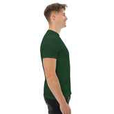 side view of man wearing dark green men classic tee with short sleeves and round neck