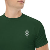 Men wearing green classic tee with small chest emblem, cotton fabric, structured fit