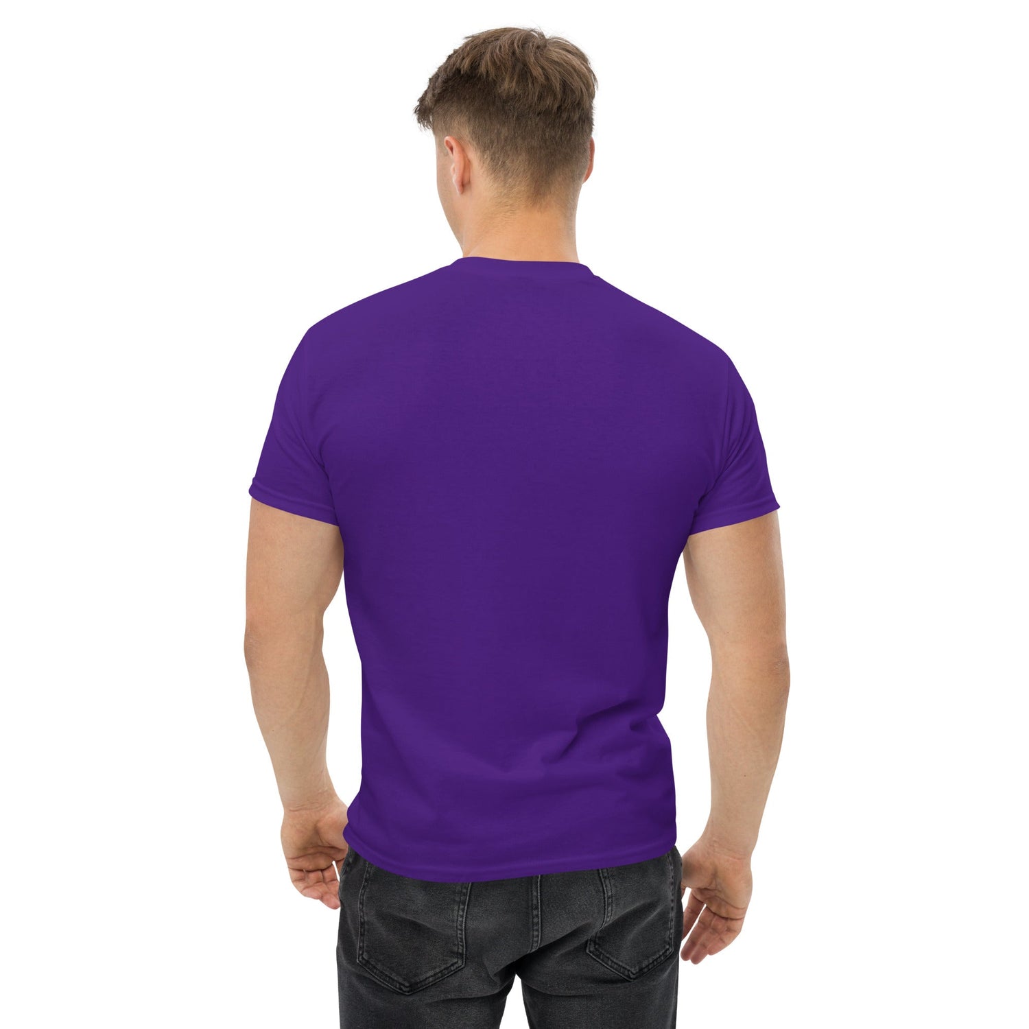 Man wearing a purple men classic tee made of 100% cotton from the back