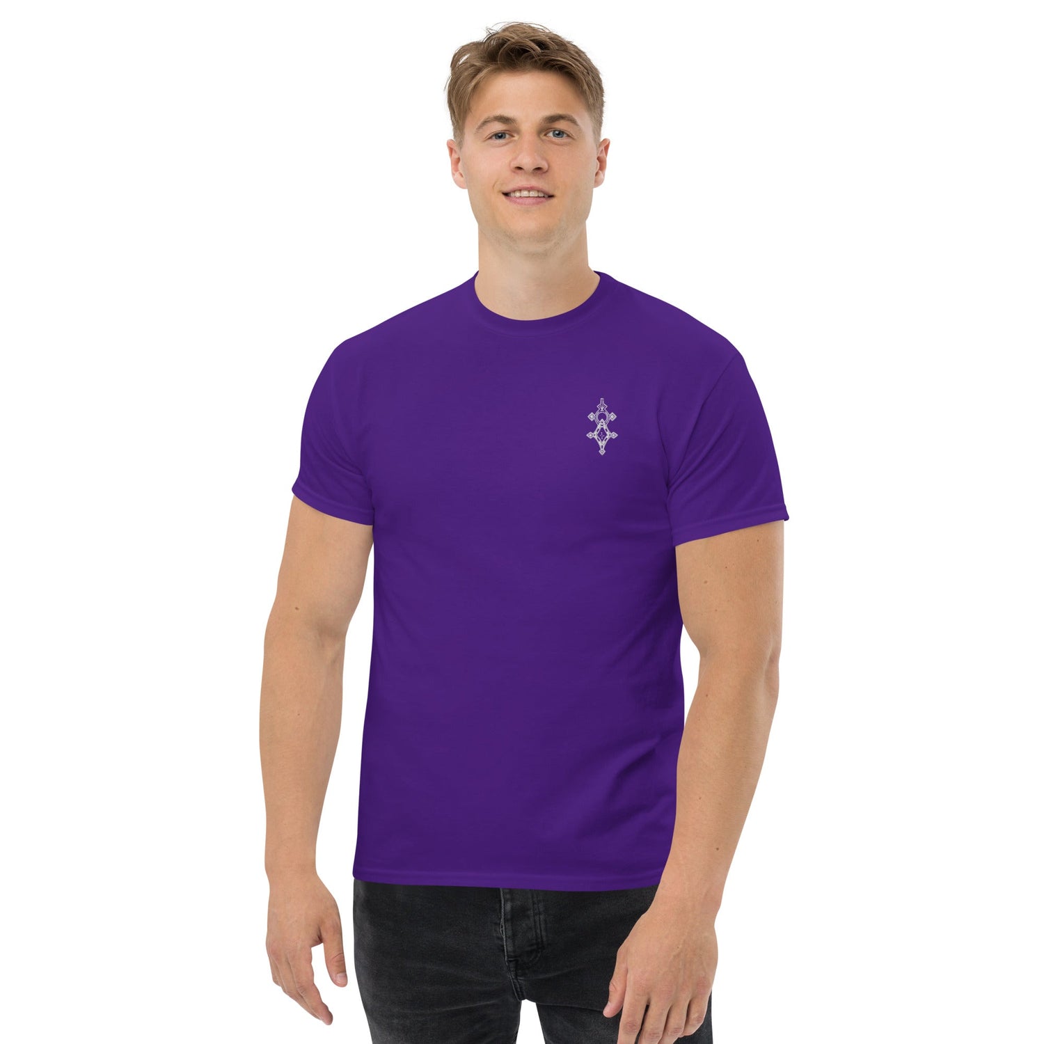Men wearing purple classic tee made of 100% cotton with a small chest design
