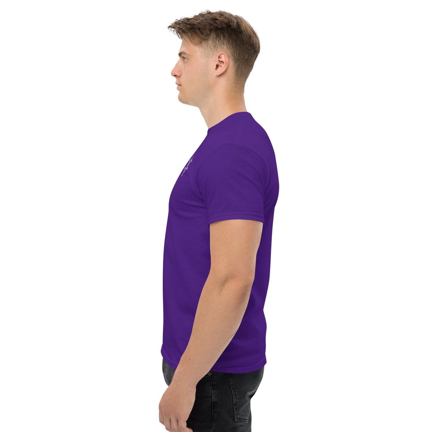 Side view of man wearing a purple classic tee made of 100% cotton with a structured fit