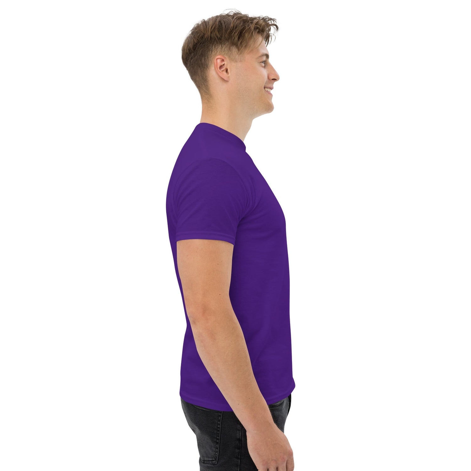 Man wearing purple classic tee side view, 100% cotton unisex structured fit shirt