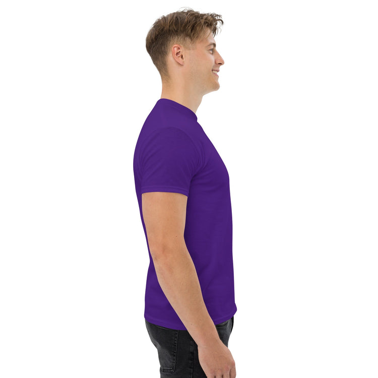 Man wearing purple classic tee side view, 100% cotton unisex structured fit shirt