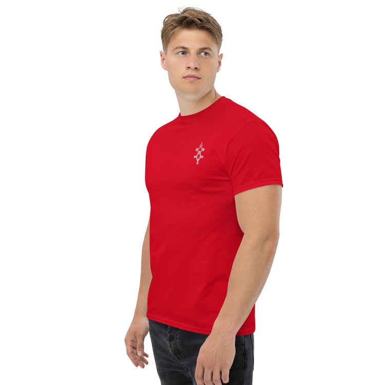 man wearing red classic tee with short sleeves and crew neck, cotton fabric, casual fit