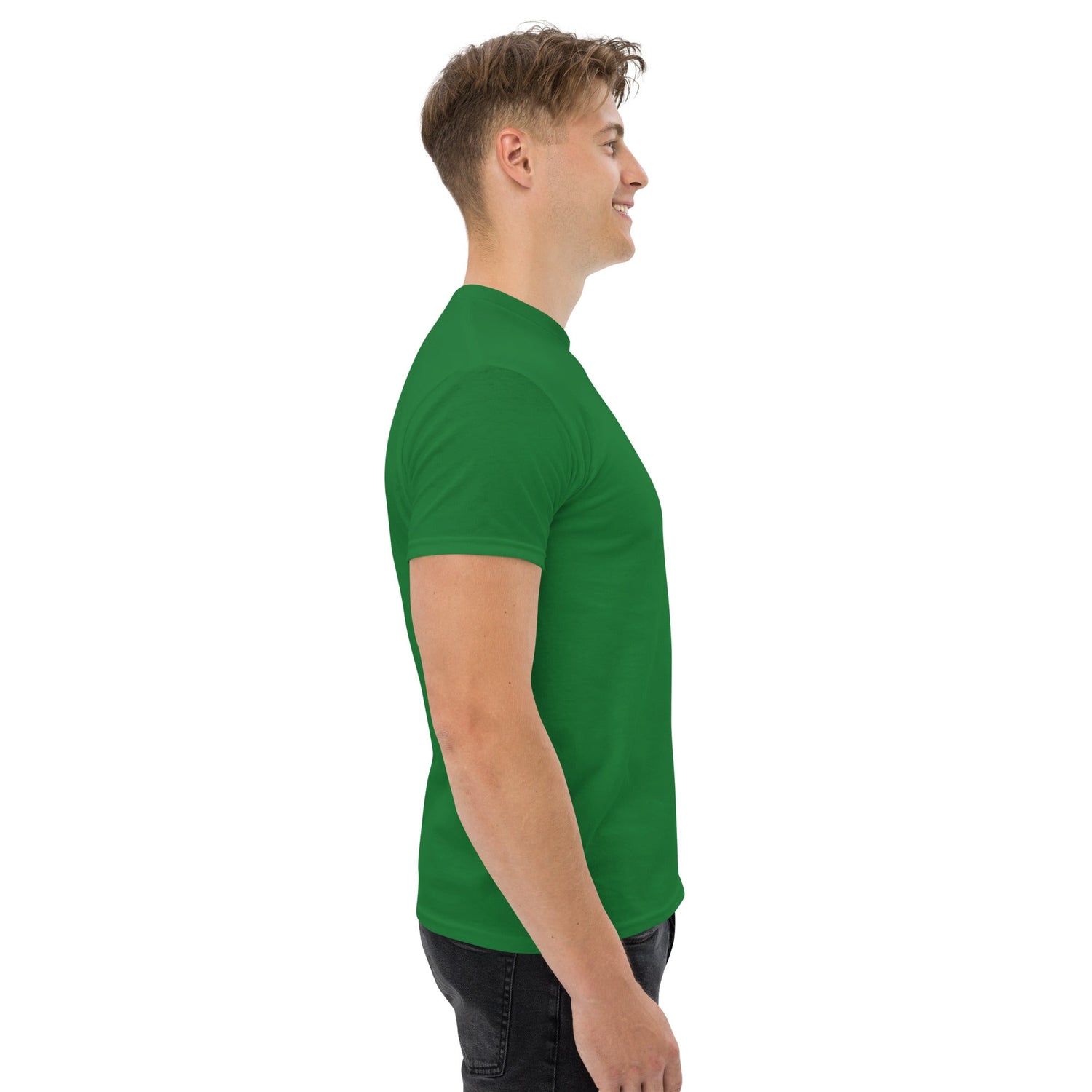Men wearing green classic tee made of 100% cotton in side profile view
