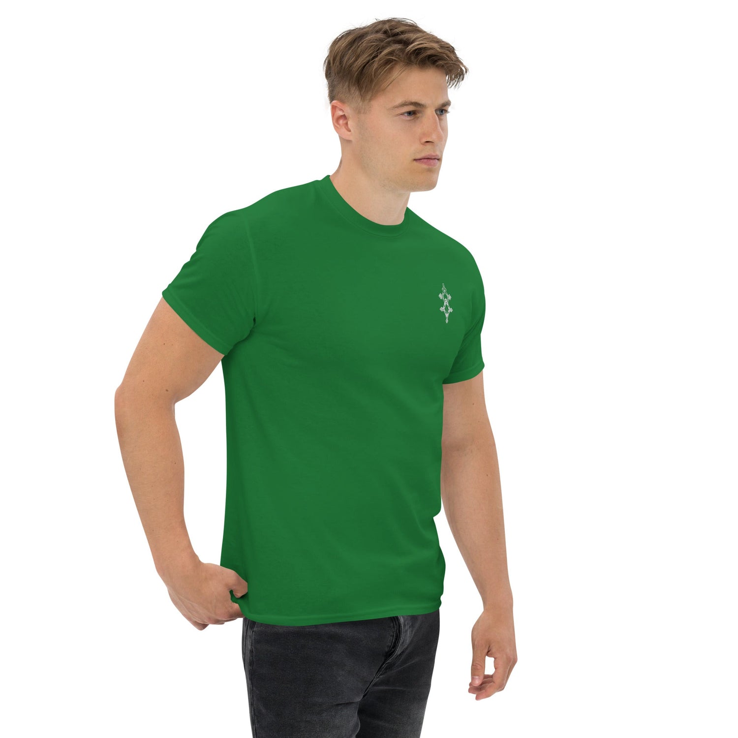 Men wearing green classic tee with structured fit and short sleeves