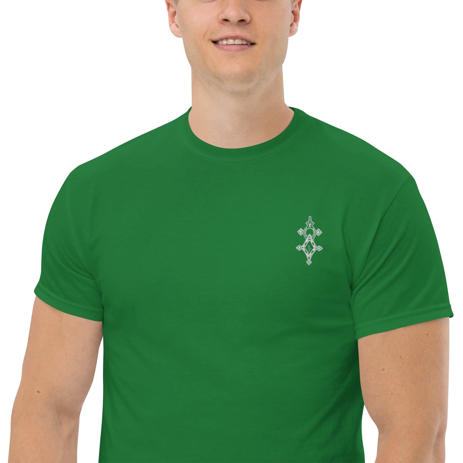 Men wearing green classic tee with small chest design, 100% cotton, structured fit for streetwear style
