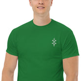 Men wearing green classic tee with small chest design, 100% cotton, structured fit for streetwear style