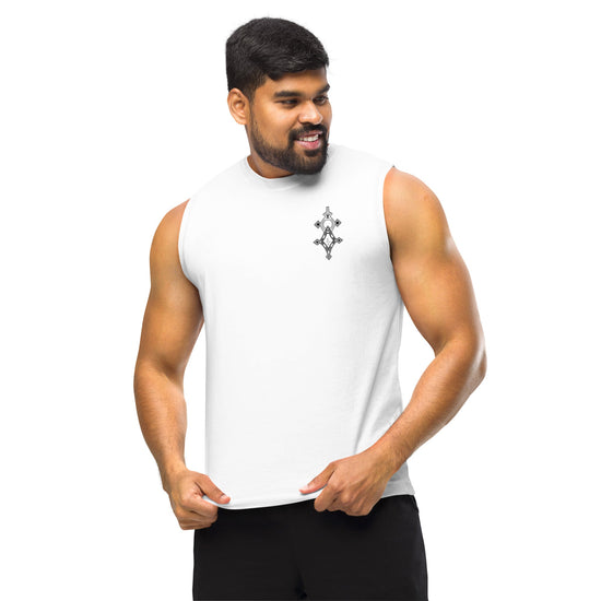 Man wearing white muscle shirt with relaxed fit and low-cut armholes
