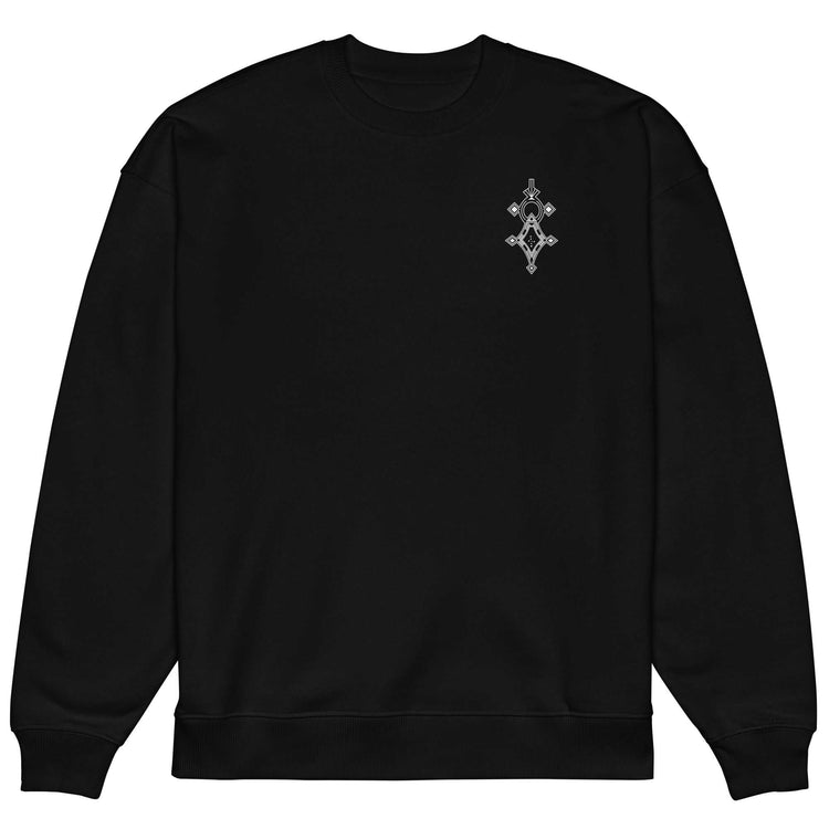 Black men’s organic oversized sweatshirt with small geometric design on chest, made from sustainable cotton and recycled polyester blend