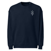 navy organic oversized sweatshirt with small front emblem and ribbed cuffs and hem
