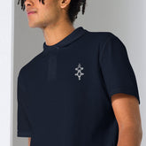 Men polo shirt in navy blue with classic collar and embroidered emblem on chest, made from durable cotton pique fabric.
