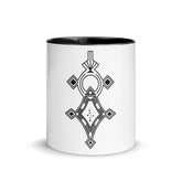 White ceramic mug with black geometric design and black colored inside and rim, microwave and dishwasher safe mug with color inside