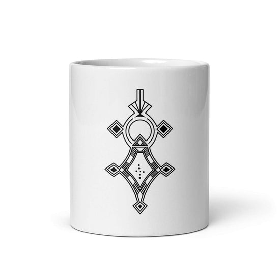 White glossy mug with black geometric design, ceramic, microwave and dishwasher safe