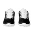 Pair of black and white women’s athletic shoes with breathable flyknit upper and white rubber outsole.