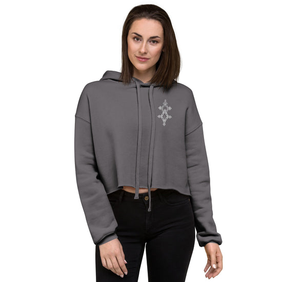 gray women crop hoodie with raw hem and matching drawstrings worn by a model