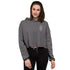 gray women crop hoodie with raw hem and matching drawstrings worn by a model