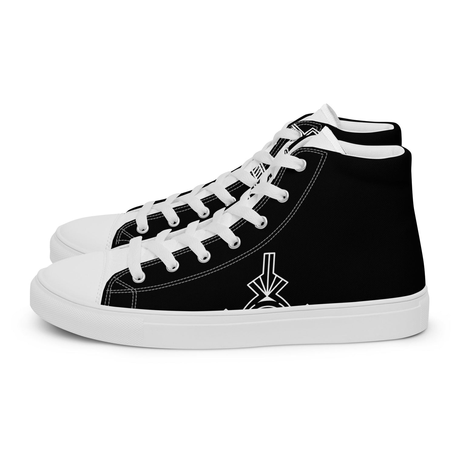 Women’s high top black canvas shoes with white rubber sole and lace-up front