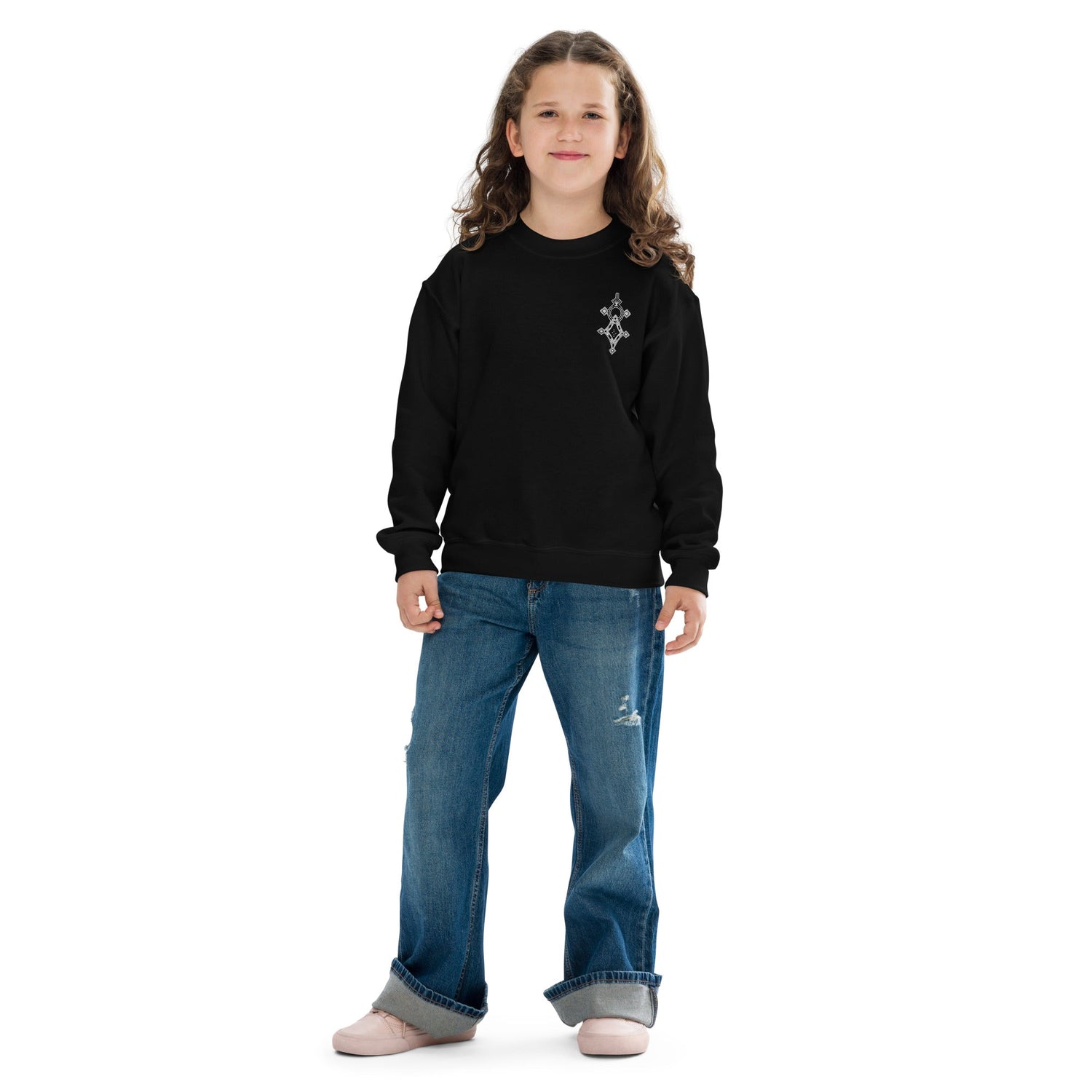 Youth crewneck sweatshirt in black worn by child, soft fleece fabric, casual and comfortable design