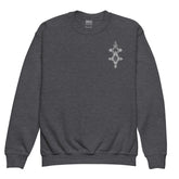 dark gray youth crewneck sweatshirt with small geometric design on chest made of soft fleece fabric