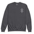 dark gray youth crewneck sweatshirt with small geometric design on chest made of soft fleece fabric