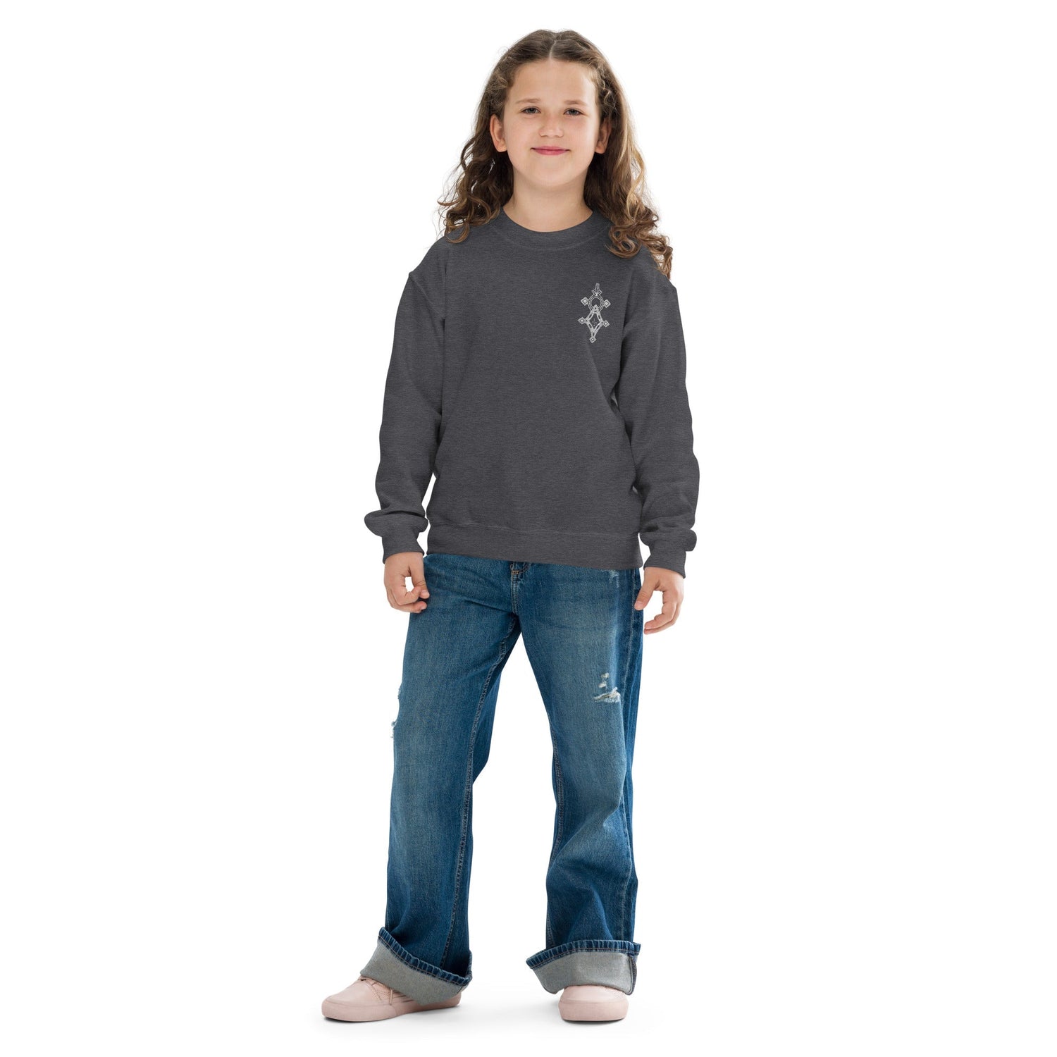 Youth crewneck sweatshirt in dark gray worn by child, soft fleece fabric, casual fit for kids