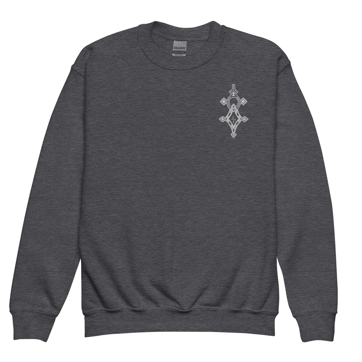 Youth crewneck sweatshirt in dark gray with soft fleece fabric and small chest graphic design.
