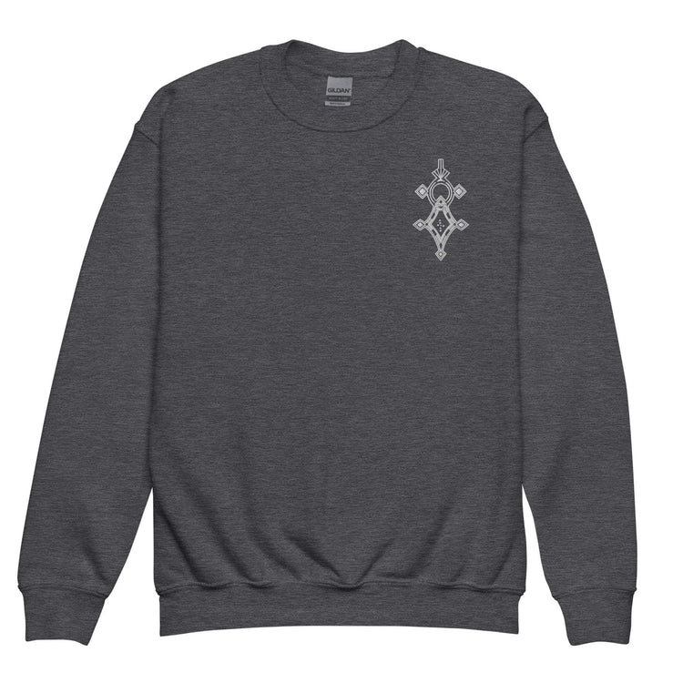 Youth crewneck sweatshirt in dark gray with soft fleece fabric and small chest graphic design.