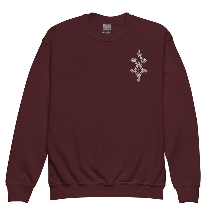 Youth crewneck sweatshirt in maroon with small geometric design, soft fleece fabric, regular fit for kids