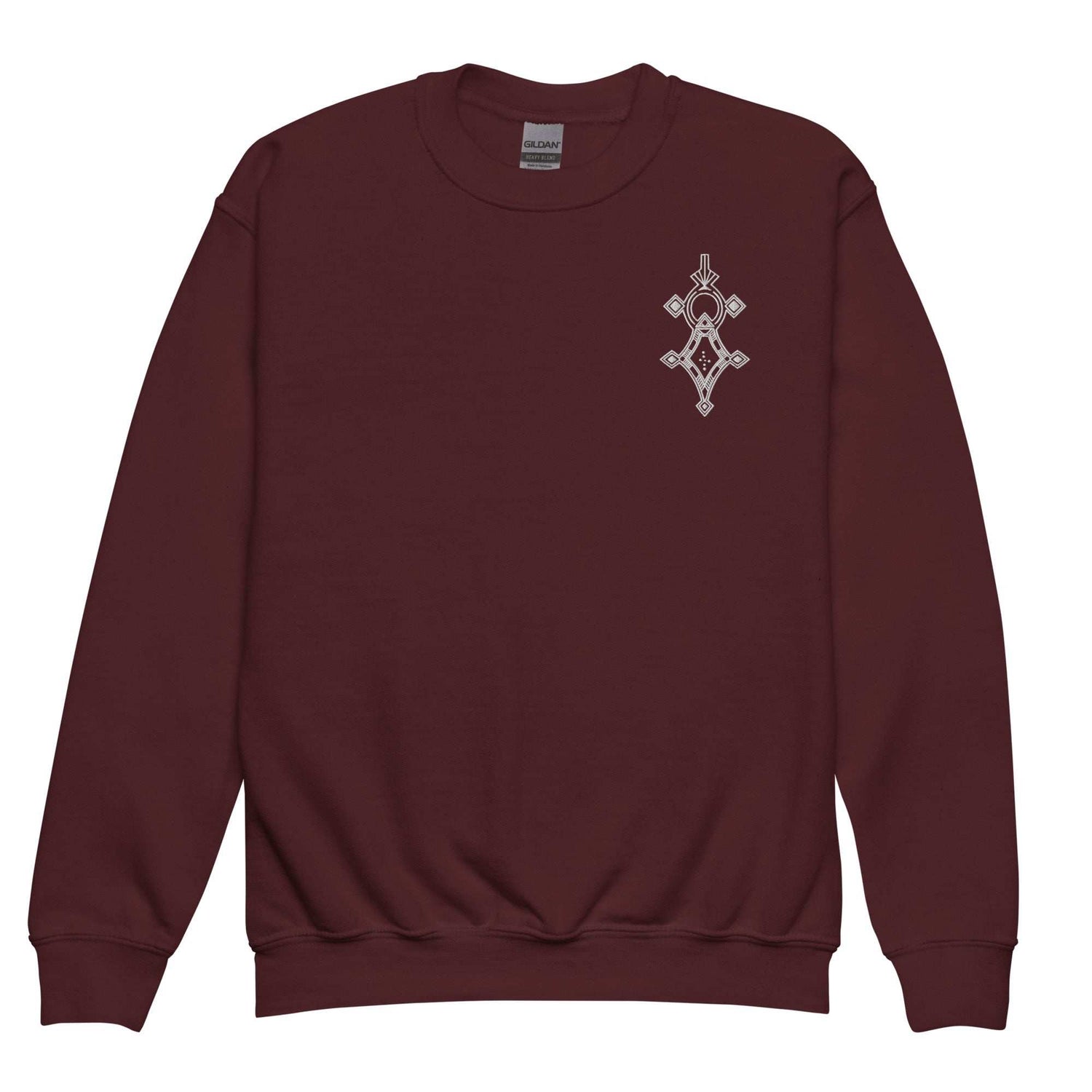 maroon youth crewneck sweatshirt with small geometric design on chest, made from soft fleece fabric, regular fit, double-needle stitching