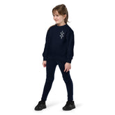 Youth crewneck sweatshirt in navy blue fleece worn by child with printed design on chest